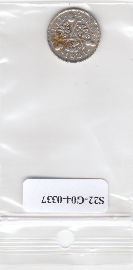 S22-G04-0337 Verenigd Koninkrijk 3 pence VG+ 1931 KM831   zilver