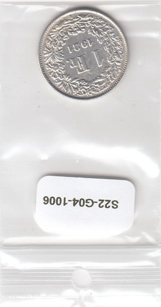 S22-G04-1006 Switzerland 1 Franc 1921   VF/XF KM24 zilver