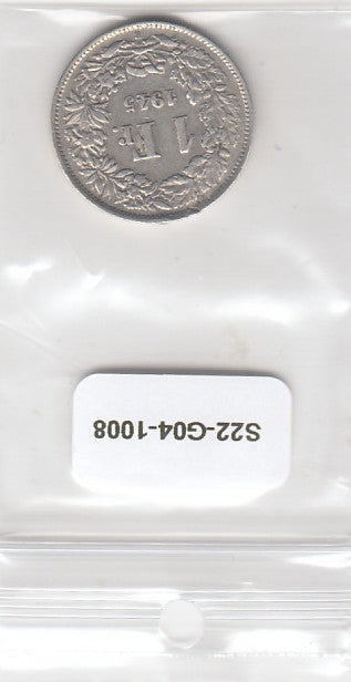 S22-G04-1008 Switzerland 1 Franc 1945   VF KM24 zilver
