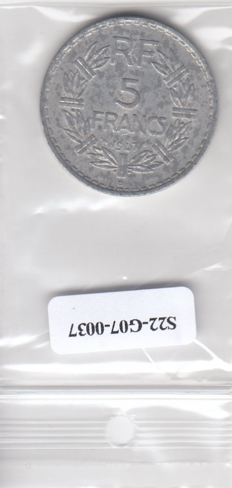 S22-G07-0037 France 5 franc FI/VF 1947 KM886b B open 9