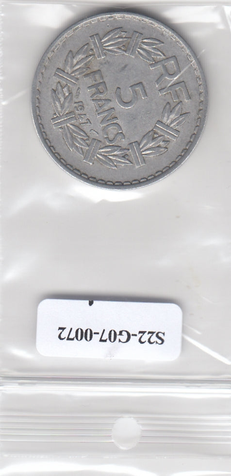 S22-G07-0072 France 5 franc VF 1947 KM886b  closed 9