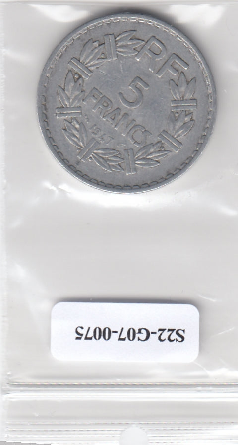S22-G07-0075 France 5 franc VF 1947 KM886b B closed 9