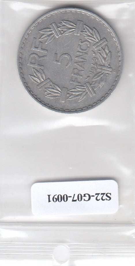 S22-G07-0091 France 5 franc VF 1949 KM886b B closed 9