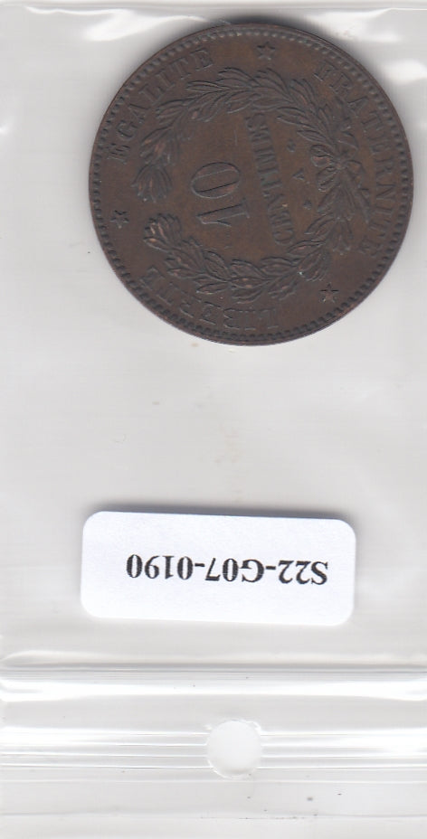 S22-G07-0190 France 10 centimes VF 1872 KM815 A