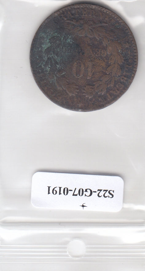 S22-G07-0191 Frankrijk 10 centiem VG/FI 1872 KM815 K