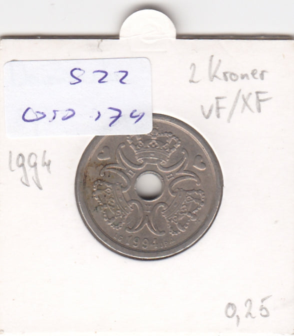 S22-GRO-0174 Denmark 2 kronur 1994  VF/XF KM874
