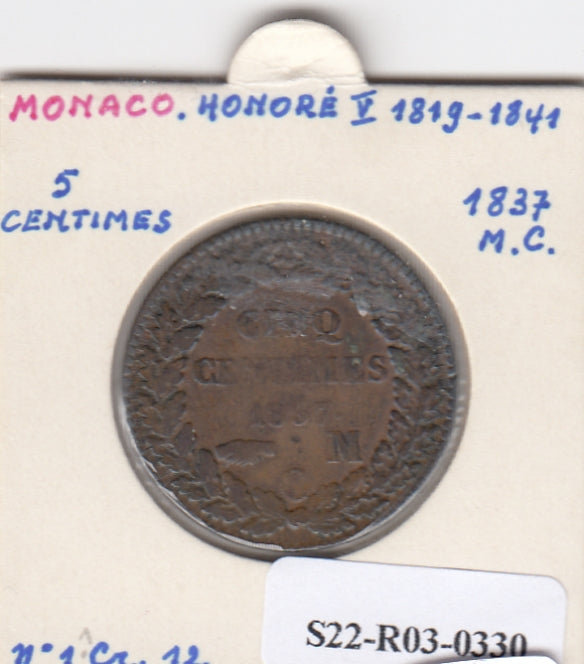 S22-R03-0330 Monaco 5 centimes VF 1837 KM95