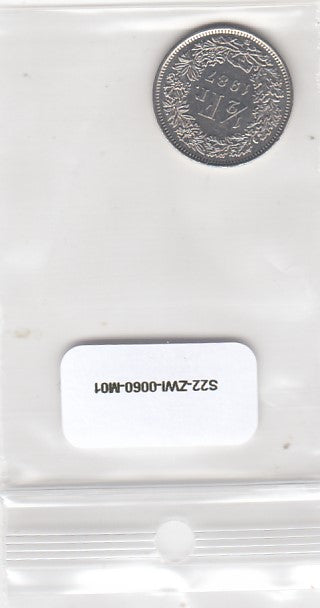 S22-ZWI-0060-M05 Switzerland 1/2 Franc VF/XF 1987 KM23a B