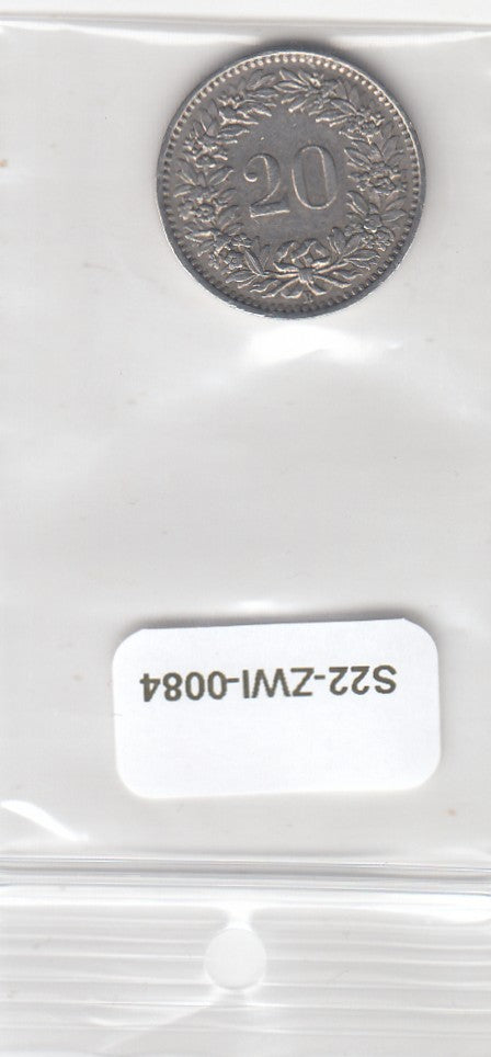 S22-ZWI-0084-M01 Switzerland 20 Rappen VF 1962 KM29a B