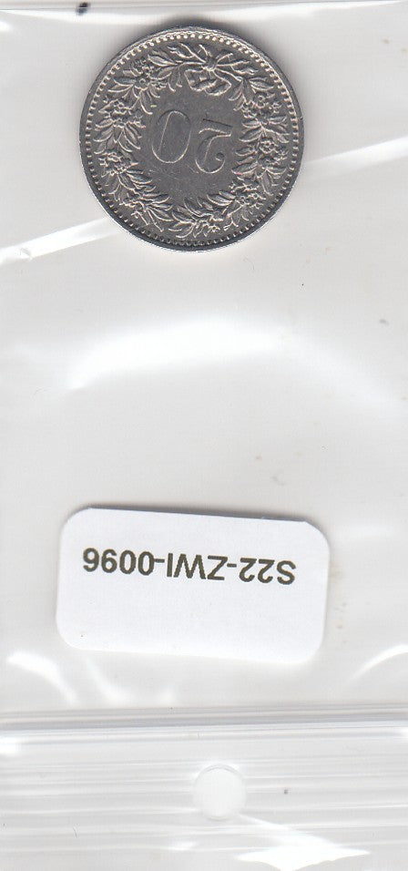 S22-ZWI-0096-M01 Zwitserland 20 Rappen XF 1974 KM29a