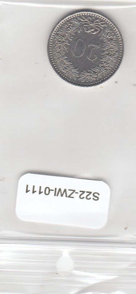 S22-ZWI-0111-M01 Switzerland 20 Rappen XF 1989 KM29a B