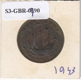 S3-GBR-1790 Verenigd Koninkrijk ½ penny 1943 VF/XF KM# 844