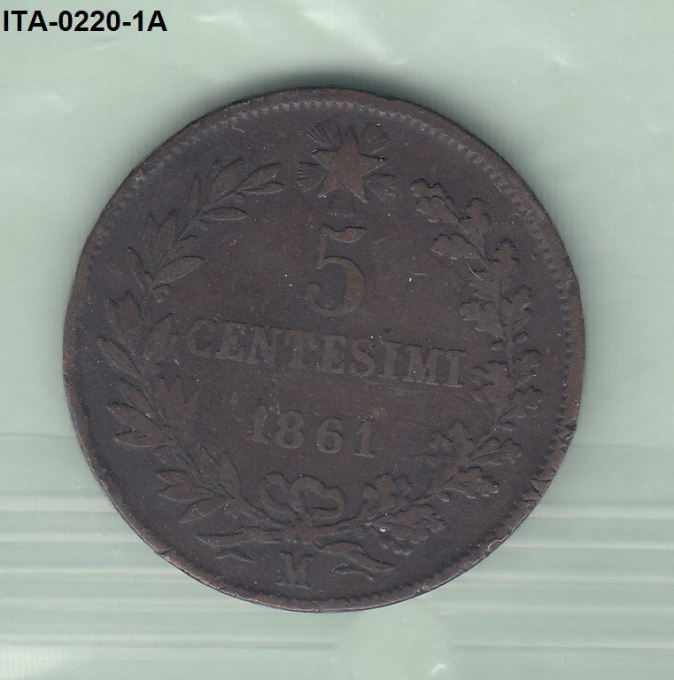 S3-ITA-0220-01 Italy 5 centesimi 1861 M VF KM 3