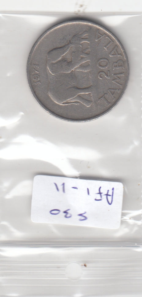 S30-AF1-0011 Malawi 20 Tambala FI/VF 1971 KM11