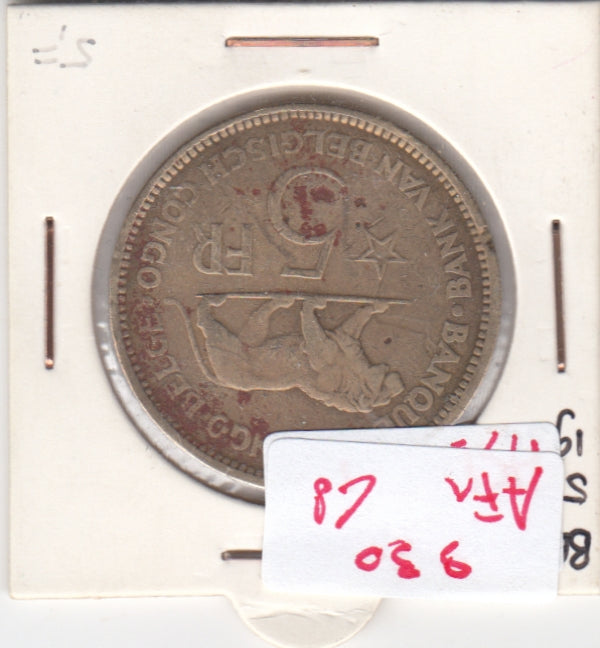 S30-AF1-0068 Belgium Congo 5 Franc FI/VF 1936 KM24