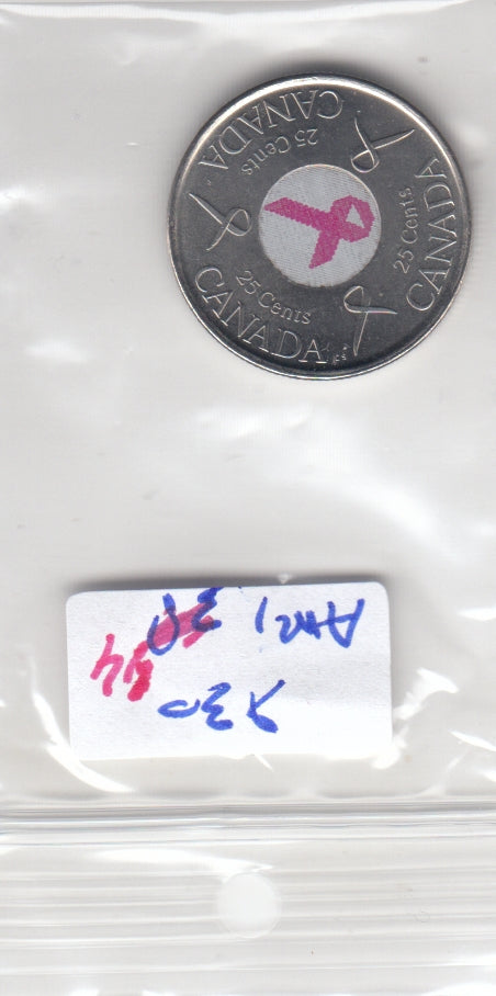 S30-AM1-0044 Canada 25 Cents UNC 2006 KM635   Pink Ribbon (coloured)
