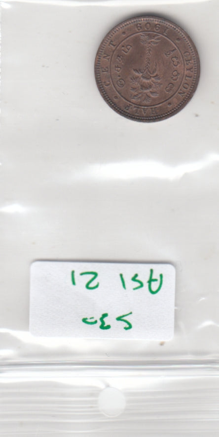 S30-AS1-0021 Ceylon 1/2 Cent VF 1909 KM101