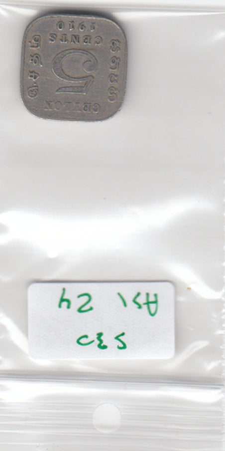 S30-AS1-0024 Ceylon 5 Cents VF- 1910 KM103