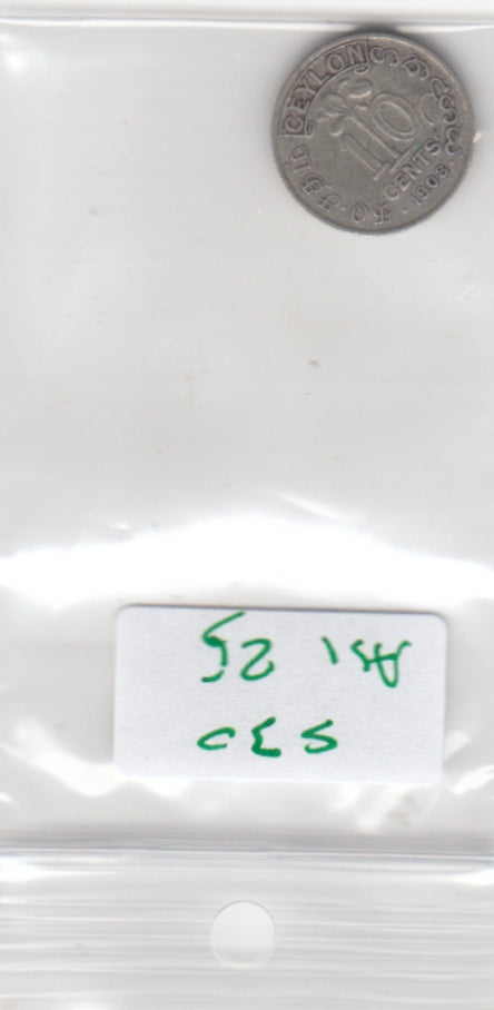 S30-AS1-0025 Ceylon 10 Cents VF 1908 KM97   Zilver