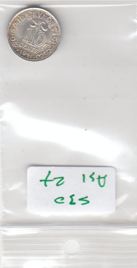 S30-AS1-0027 Ceylon 10 Cents VF 1941 KM112   Zilver