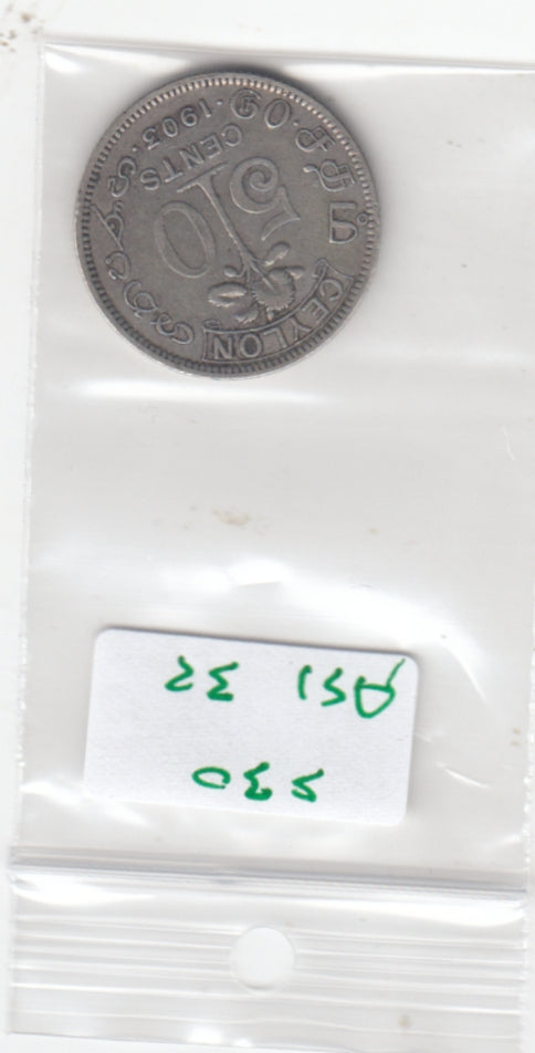 S30-AS1-0032 Ceylon 50 Cents VF 1903 KM99   Zilver