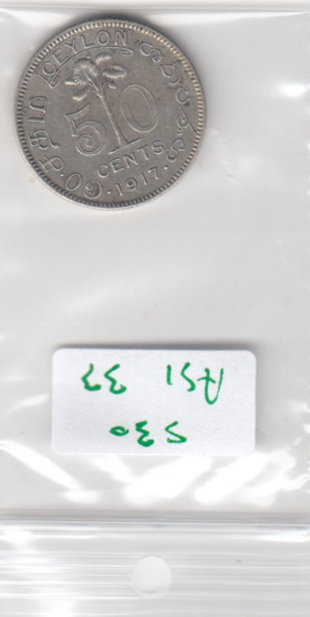 S30-AS1-0033 Ceylon 50 Cents VF 1917 KM109   Zilver