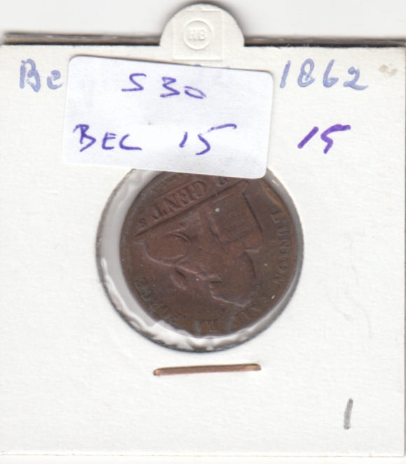 S30-BEL-0015 Belgium 2 Centimes VF 1862 KM4.2  Waals