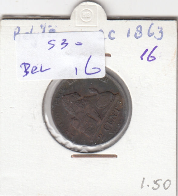 S30-BEL-0016 Belgium 2 Centimes VF 1863 KM4.2  Waals