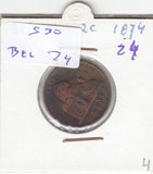 S30-BEL-0024 Belgium 2 Centimes FI/VF 1874 KM35.1   Waals
