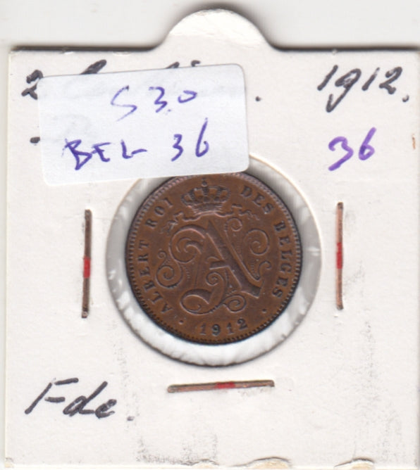 S30-BEL-0036 Belgium 2 Centimes VF 1912 KM64   Waals
