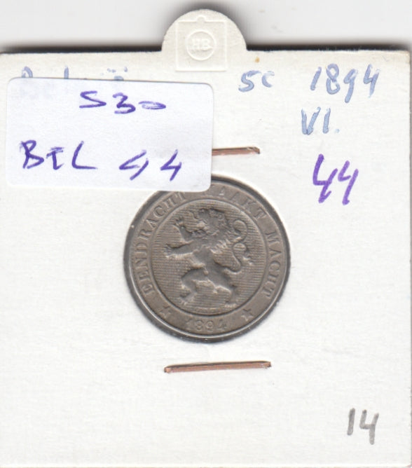 S30-BEL-0044 Belgium 5 Centimes VF+ 1894 KM41   Vlaams
