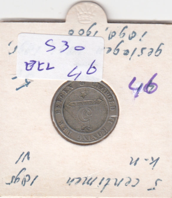 S30-BEL-0046 Belgium 5 Centimes VF+ 1895 KM41   Vlaams