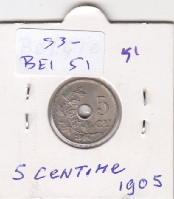S30-BEL-0051 Belgium 5 Centimes VF/XF 1905 KM55   Vlaams