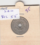 S30-BEL-0055 Belgium 5 Centimes VF 1905 KM54   Waals