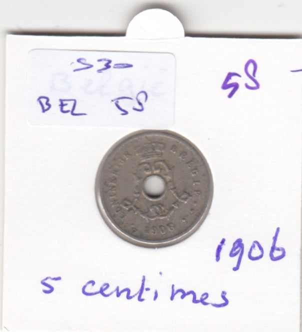 S30-BEL-0058 Belgium 5 Centimes FI/VF 1906 KM55   Vlaams