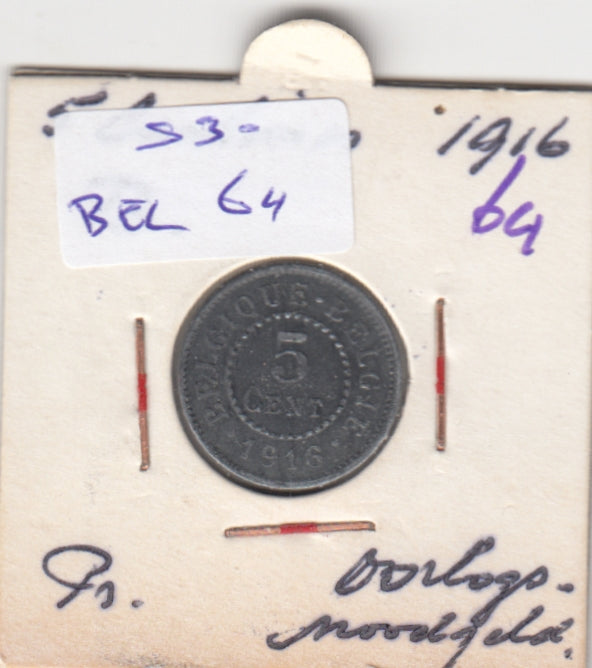 S30-BEL-0064 Belgium 5 Centimes FI/VF 1916 KM80   Belqique-Belgie