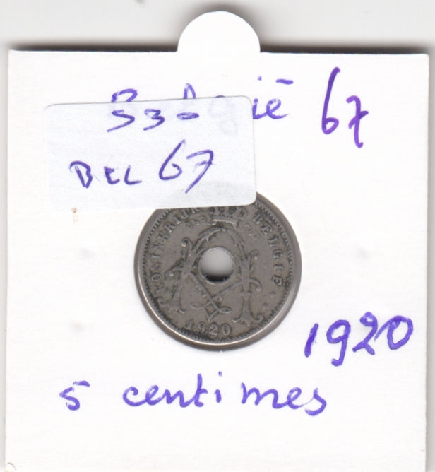 S30-BEL-0067 Belgium 5 Centimes FI 1920 KM67   Vlaams