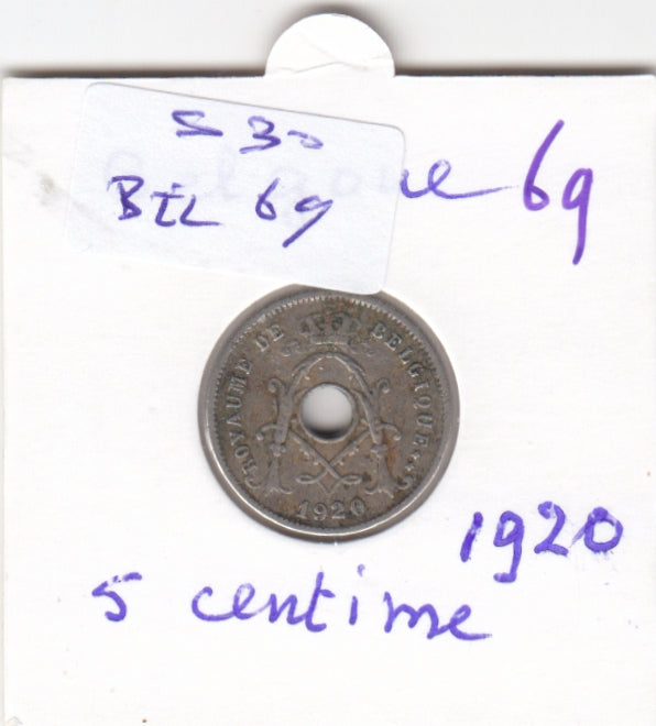 S30-BEL-0069 Belgium 5 Centimes VF 1920 KM66   Waals