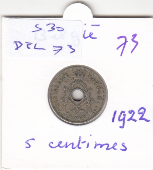 S30-BEL-0073 Belgium 5 Centimes VF- 1922 KM67   Vlaams