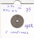 S30-BEL-0073 Belgium 5 Centimes VF- 1922 KM67   Vlaams