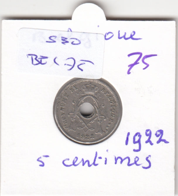 S30-BEL-0075 Belgium 5 Centimes VF 1922 KM66   Waals