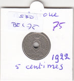 S30-BEL-0075 Belgium 5 Centimes VF 1922 KM66   Waals