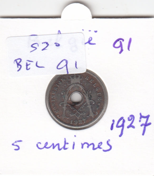 S30-BEL-0091 Belgium 5 Centimes VF 1927 KM66   Waals