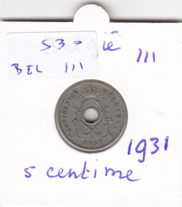 S30-BEL-0111 Belgium 5 Centimes VF 1931 KM94   Vlaams