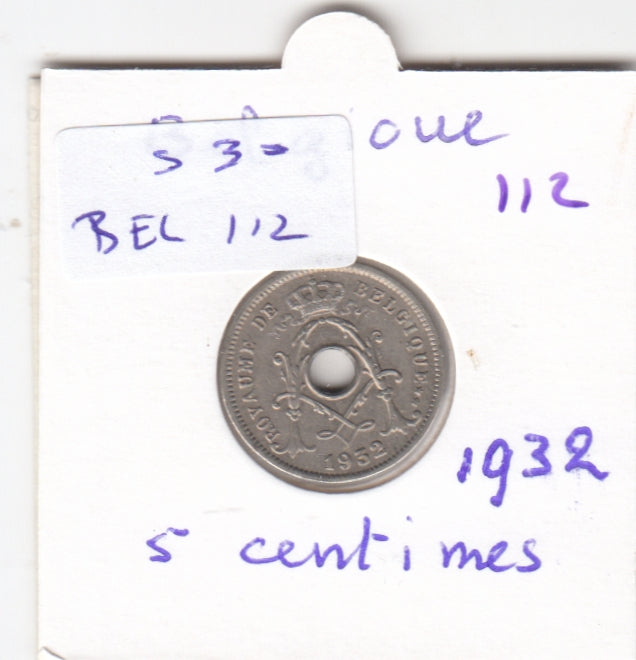 S30-BEL-0112 Belgium 5 Centimes VF 1932 KM93   Waals