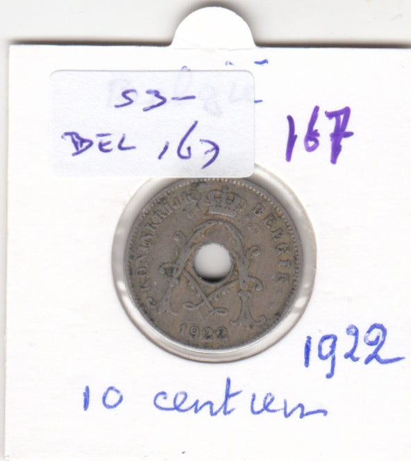 S30-BEL-0167 Belgium 10 Centimes FI/VF 1922 KM86   Vlaams