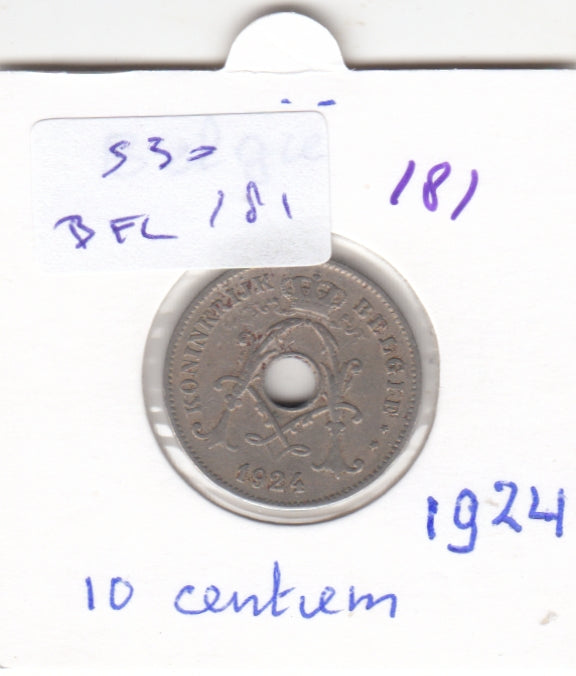 S30-BEL-0181 Belgium 10 Centimes FI/VF 1924 KM86   Vlaams