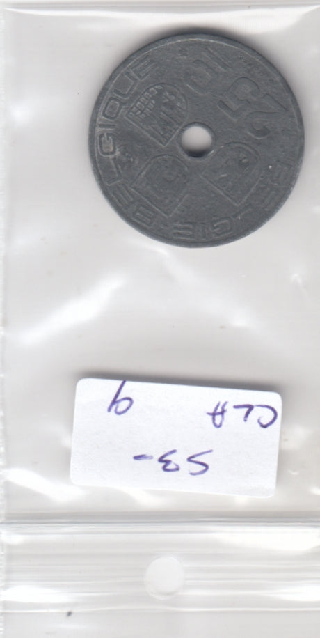 Belgium 25 Centimes VF 1942 KM#132 Brussels Léopold III, BELGIE-BELGIQUE, WWII zinc occupation issue