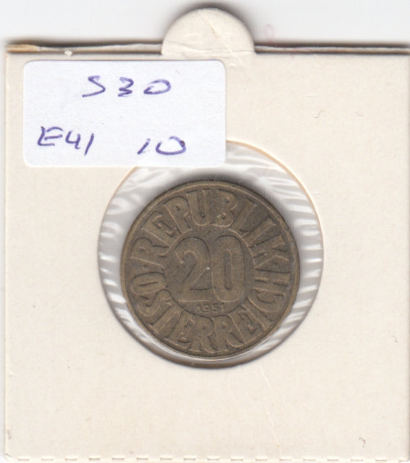 S30-EU1-0010 Austria 20 Groschen VF 1951 KM2877