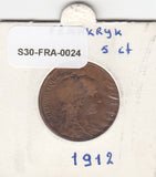 S30-FRA-0024 Frankrijk 5 Centimes MO/MZ 1912 KM842